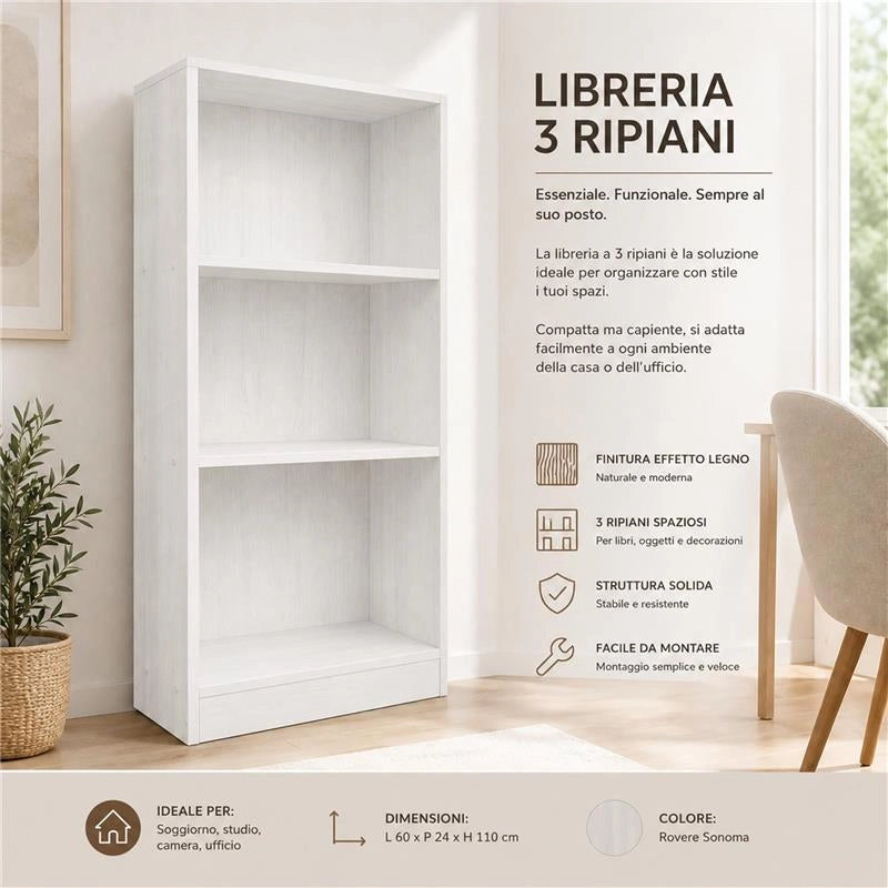 LIBRERIA IN LEGNO CON 3 RIPIANI COLORE BIANCO DIMENSIONI 60X24X120 CM