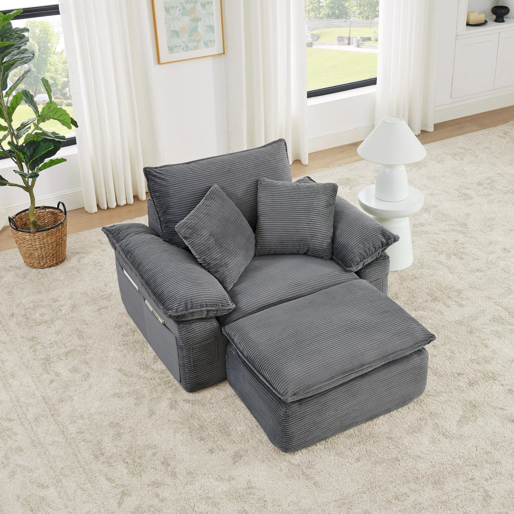 Divano modulare monposto con tasche laterali e poggiapiedi mobile in tessuto grigio chiaro 156 × 125 × 65 cm