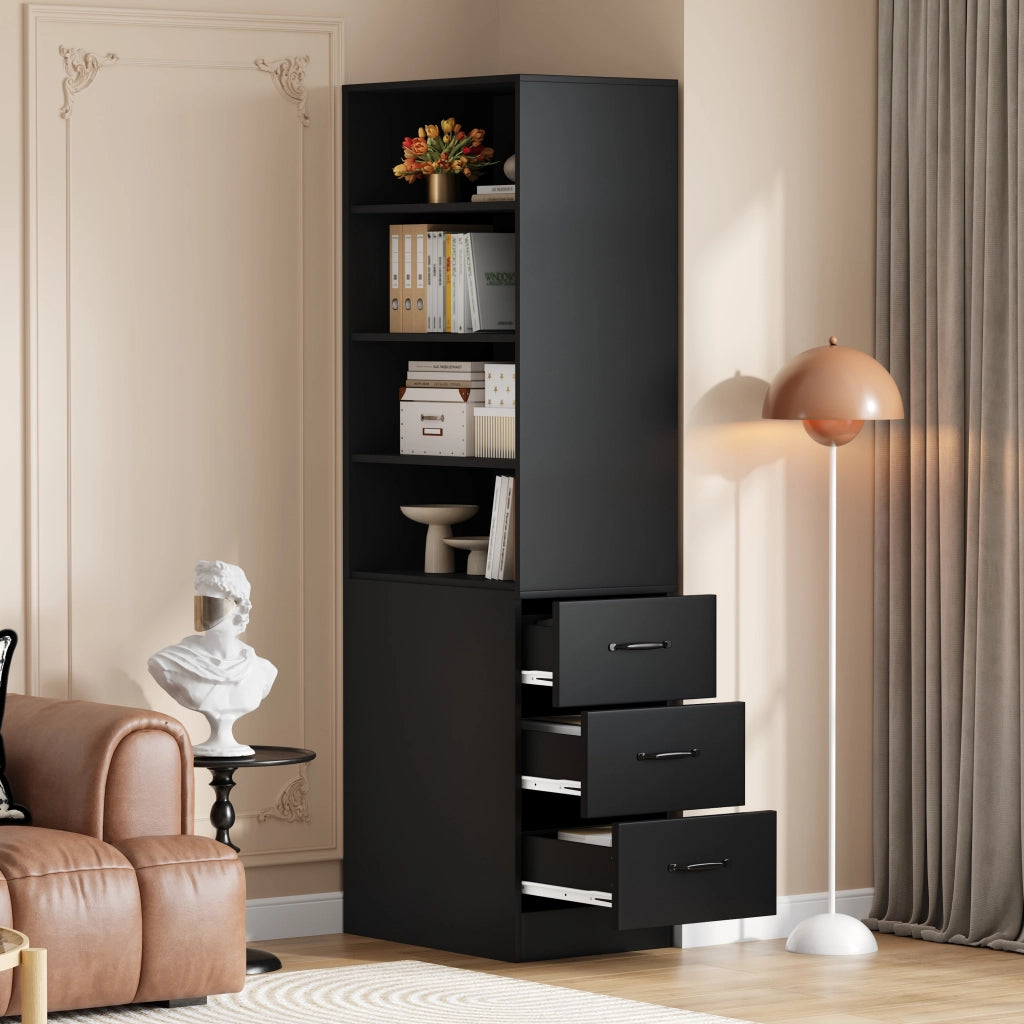 Libreria alta con 3 cassetti laterali e 4 vani aperti con ripiani regolabili per piccoli spazi nera 60 × 38 × 180 cm