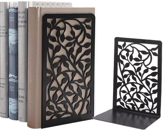 Sostegni Librari in Metallo con Disegno di Fiori - Sostegni per Libri e CD con Suola Antiscivolo - Registrazioni per Pannelli, Ufficio, Biblioteca, Casa e Scuola - Ideali per scuola e biblioteca - 1 Paio - nero