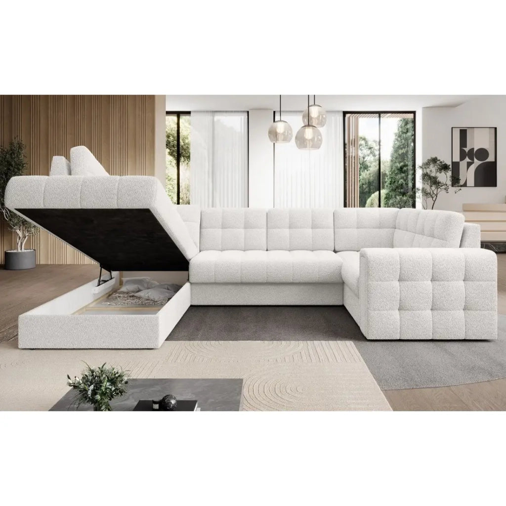 Divano angolare convertibile MONTEZA bianco sinistro 299 cm con contenitore e letto