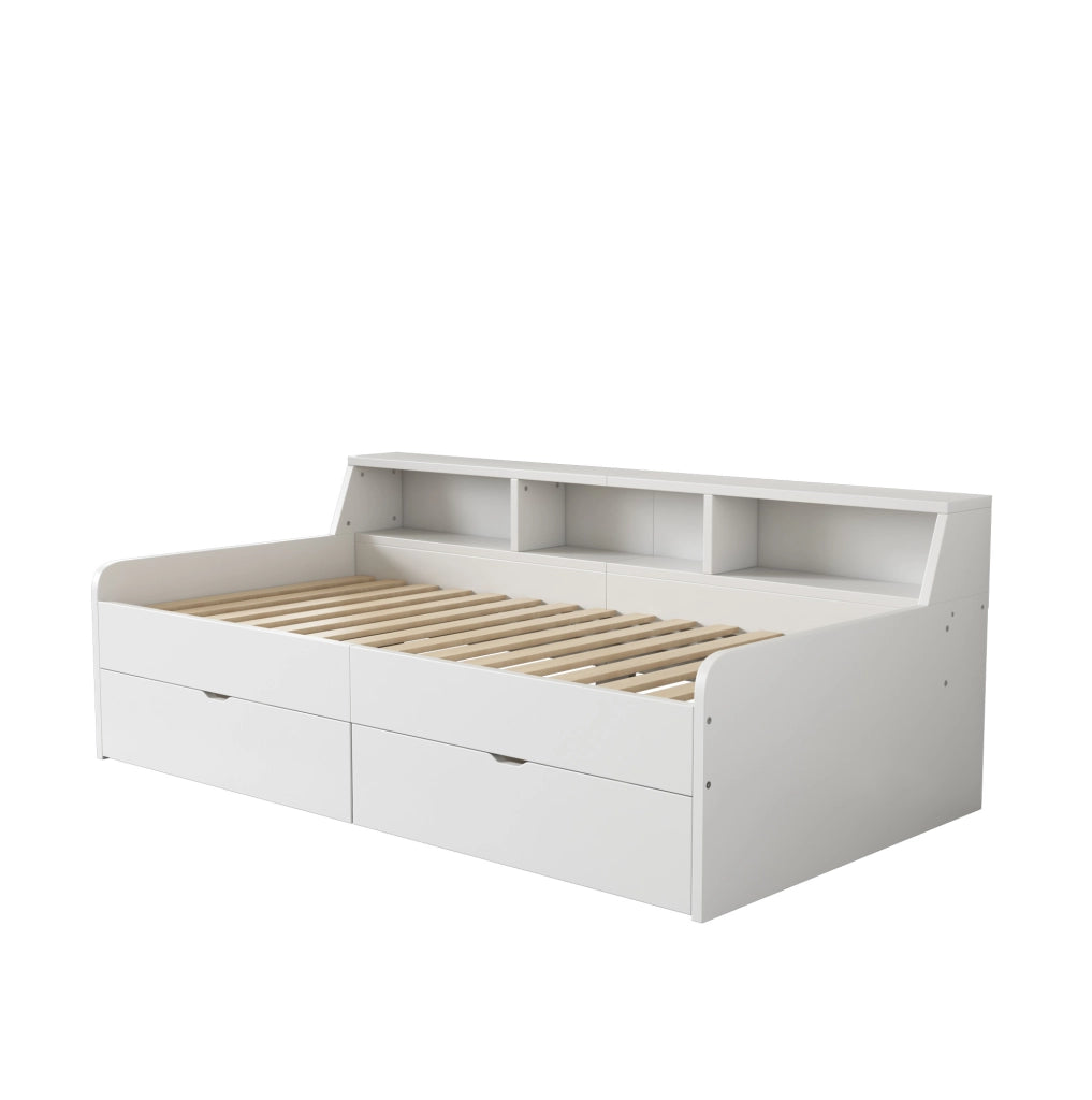 Letto da giorno 90x200 cm con 2 cassetti e vani contenitore; pino e MDF; bianco