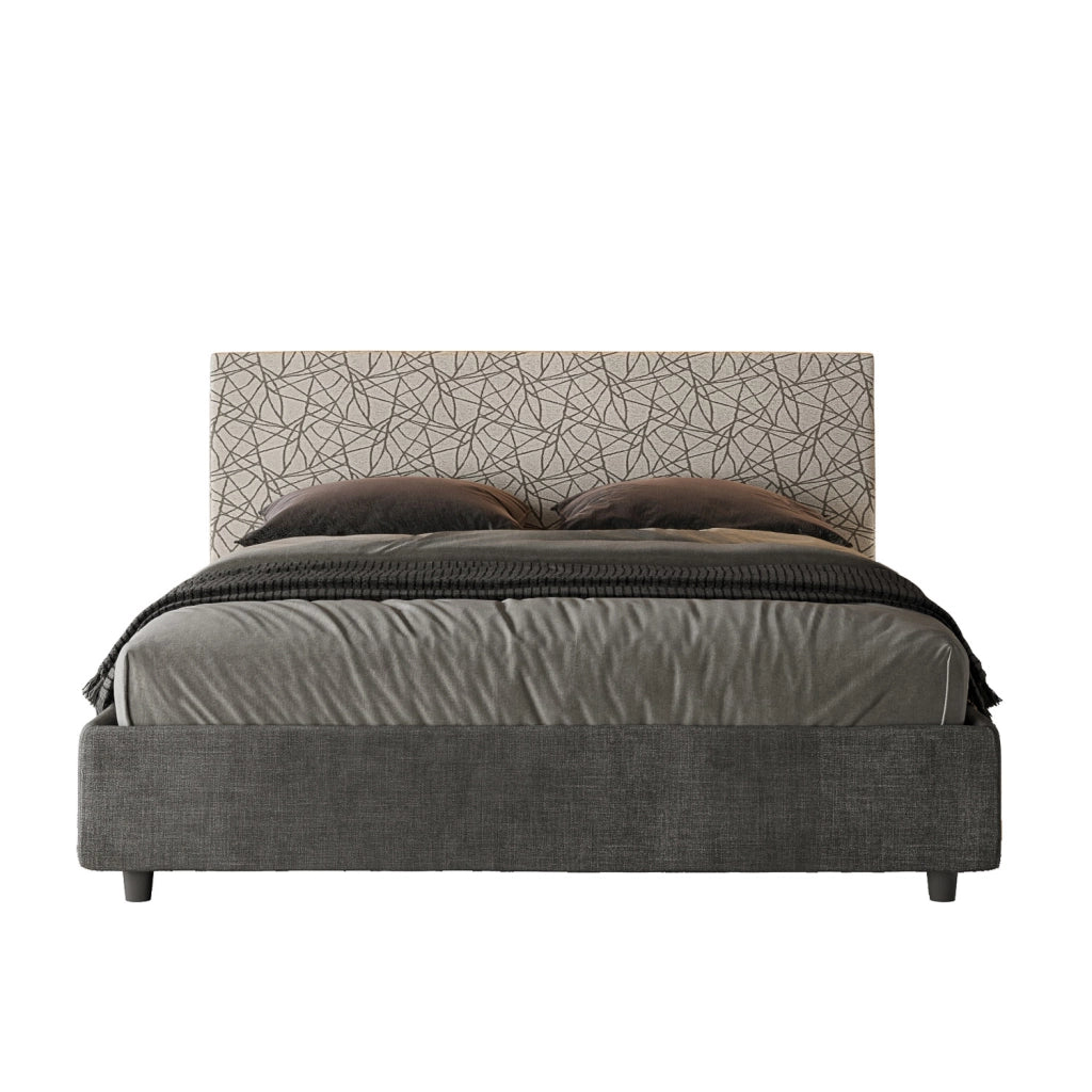 Letto Matrimoniale 160x200 cm con Rete e Contenitore con Testata e Alzata Comoda Imbottito in Tessuto Era Arla Grigio