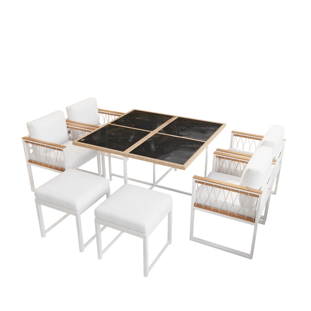 Set da pranzo per esterni da 6 posti con tavolo quadrato, 4 sedie e 2 pouf, struttura in acciaio, nero e bianco
