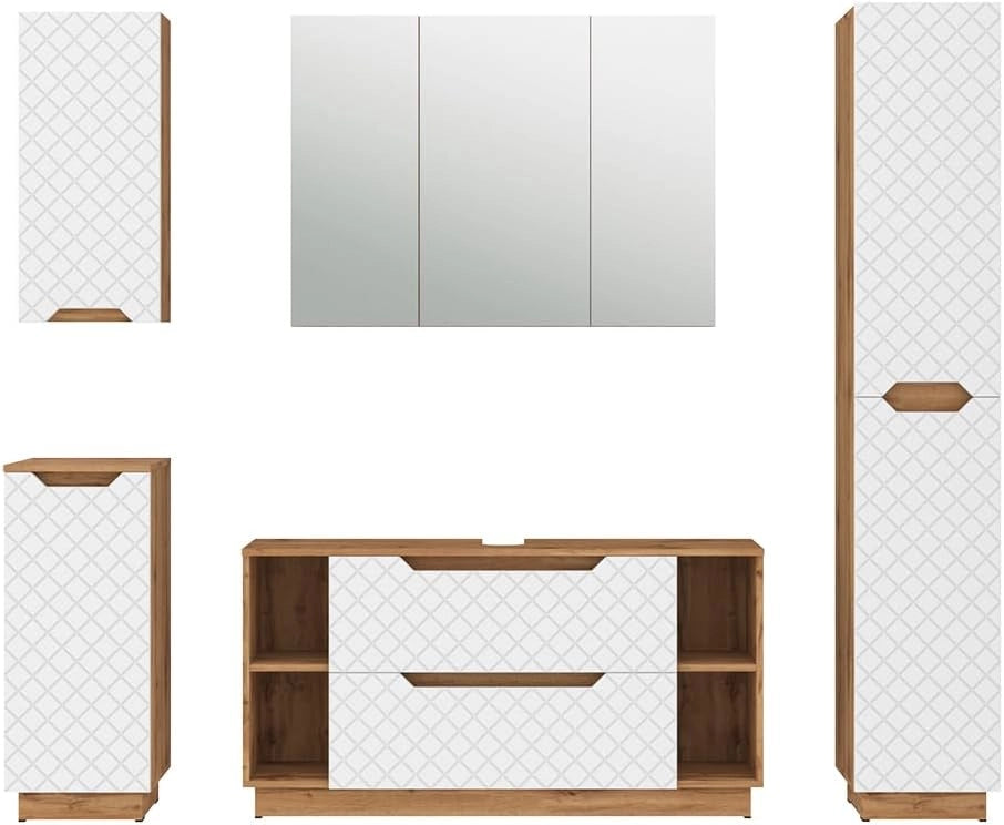 Set di mobili da bagno Lotta, Rovere/bianco con struttura in piastrelle, 5 parti