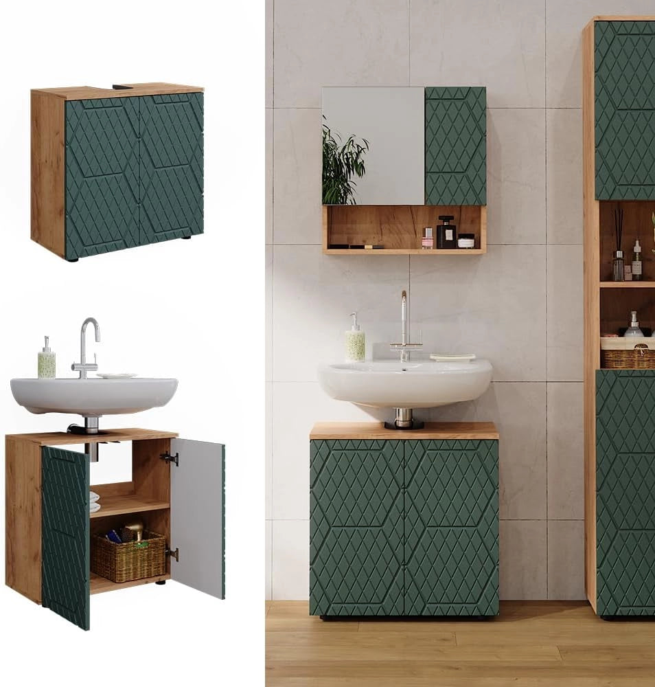 Mobiletto Irma, Quercia verde/oro, 60 x 59 cm, con ritaglio per sifone e ripiano interno per conservazione