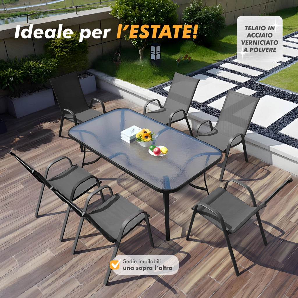 Set Tavolo Sedie Da Giardino 7 Pezzi, Tavolo Da Pranzo Terrazzo In Metallo Piano In Vetro Con Foro  Ombrellone 6 Sedia Da Esterno Impilabili Con Schienale Alto,Veranda  Grigio