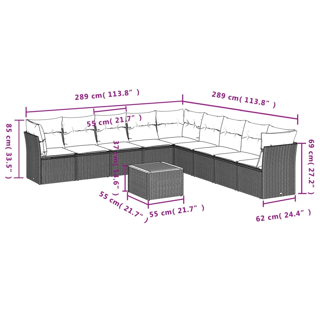 Set Divani da Giardino 10pz con Cuscini in Polyrattan Nero 3223690