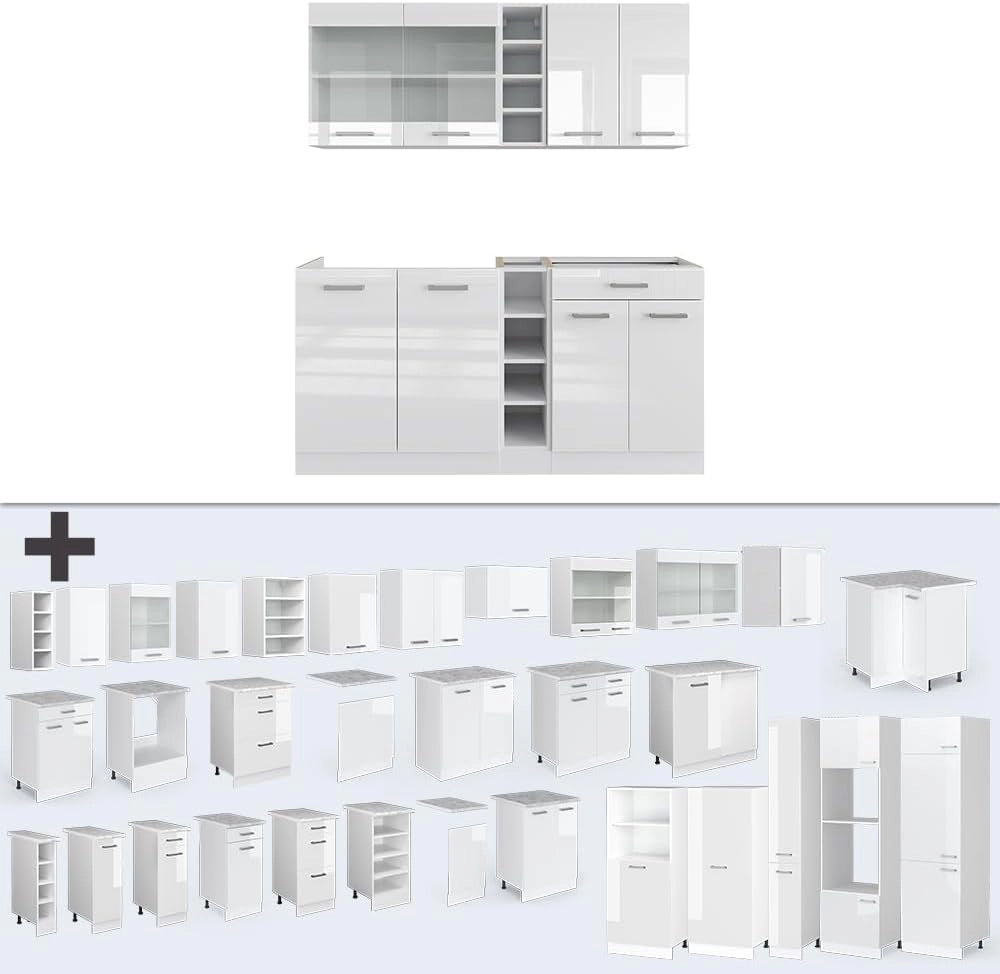 Cucina completa R-Line, Bianco lucido/bianco, 160 cm, PL Marmo, con disposizione flessibile dei moduli ed espandibile