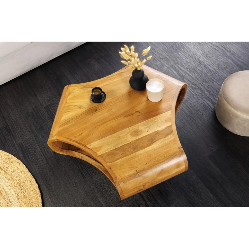 Tavolino basso NERA 70 cm in legno massiccio di acacia con nicchia e piedi in metallo nero – stile retro industriale