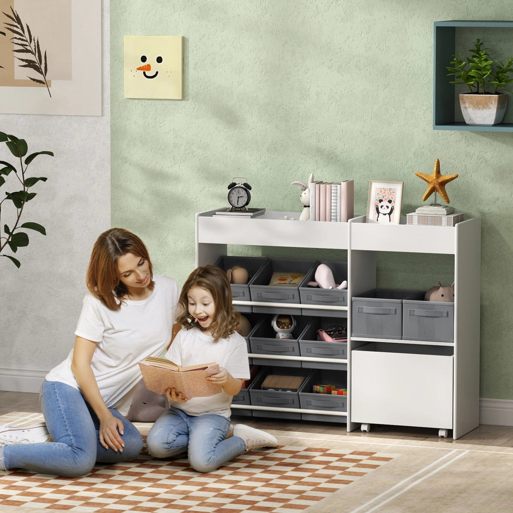 Mobile Portagiochi per Bambini con 11 Cestini in Tessuto, Armadietto e Ripiani, 105x30x80 cm, Bianco