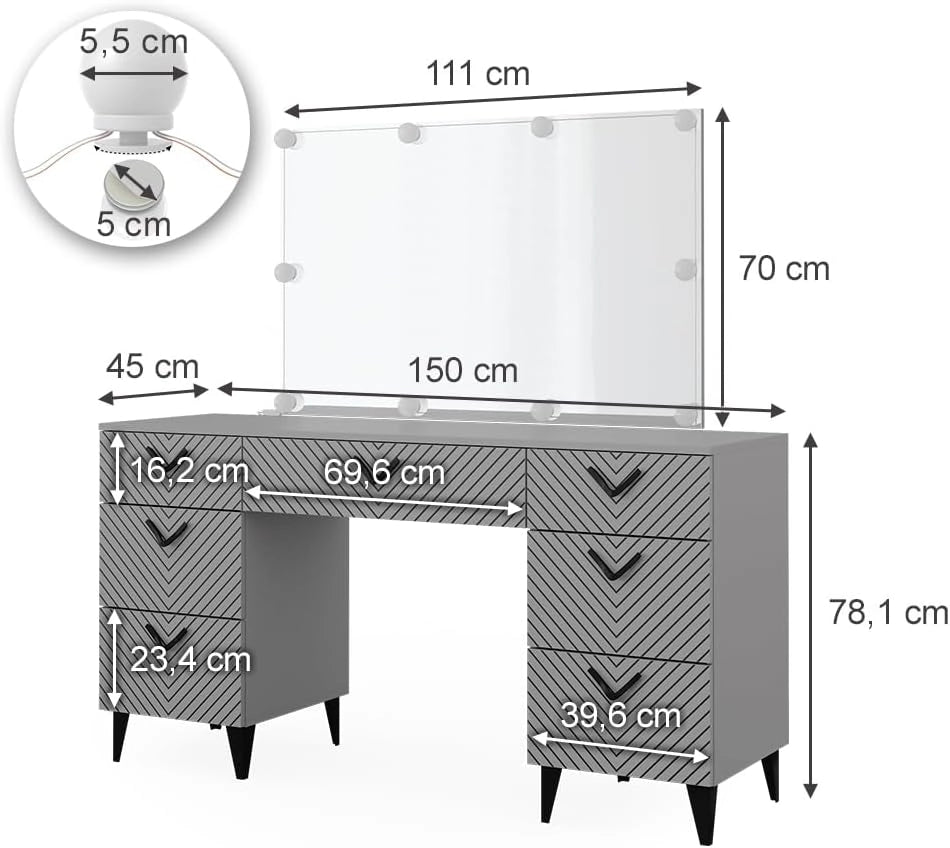 Tavolo da toeletta Anett, Grigio, 150 cm con illuminazione a LED, Cassetti per organizzare nel disordine
