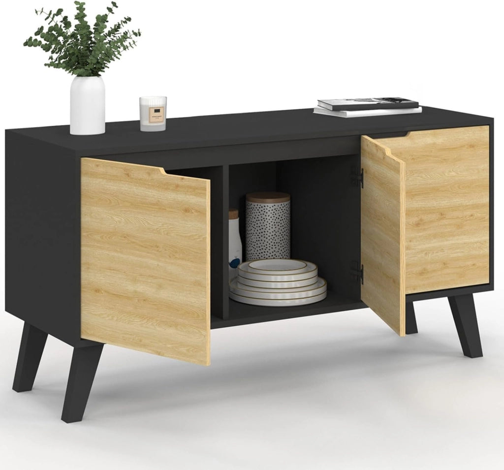 Credenza bassa scandinava 113 cm FINN nero 3 ante effetto faggio
