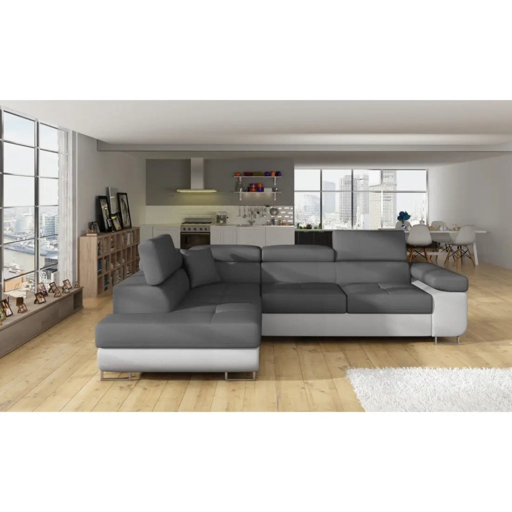Divano ad angolo convertibile MENTON grigio e bianco bouclé – Angolo sinistro con vano contenitore