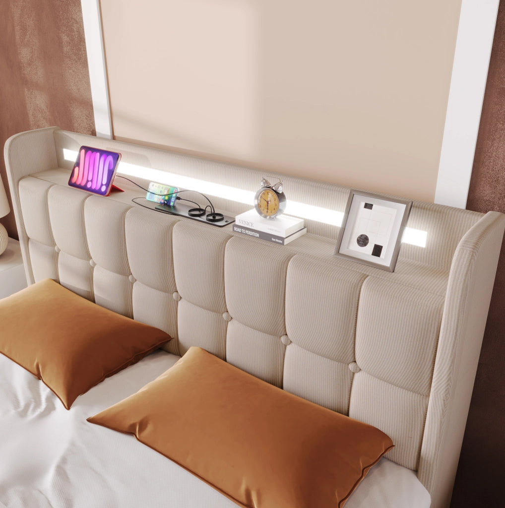 Letto matrimoniale 180x200 cm con USB; LED e 4 cassetti; beige