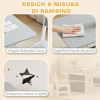 Set Tavolo e Sedie per Bambini 3-8 Anni con 6 Cassetti e Bordi Arrotondati in Legno e Tessuto Grigio e Bianco