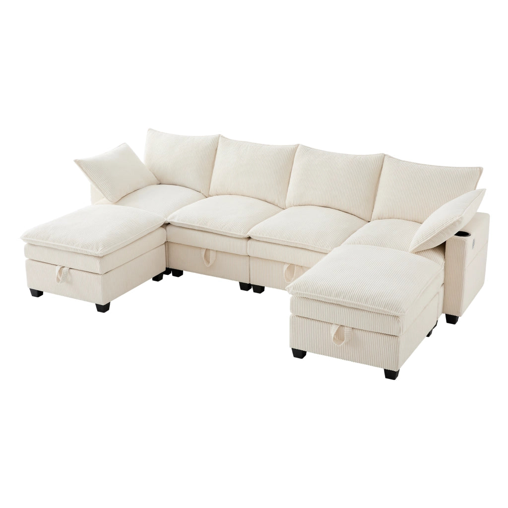 Sofa modulare a L/U in velluto a coste beige con 2 pouf, USB, contenitori e portabicchieri