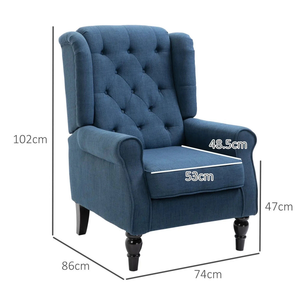 Poltrona orecchioni imbottita con schienale alto, braccioli arrotondati e gambe in legno, Blu