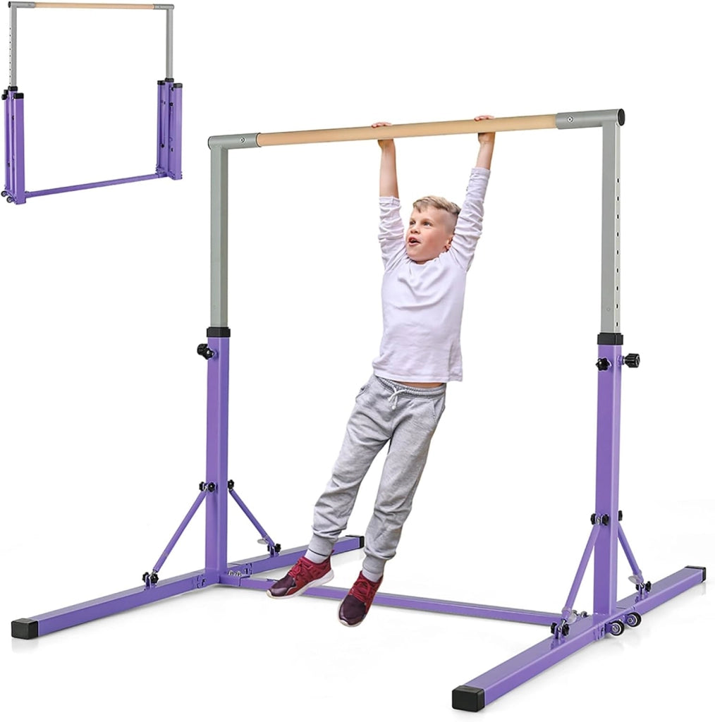KOMFOTTEU Barra da ginnastica per bambini, barra orizzontale con altezza regolabile a 13 livelli, barra da allenamento in metallo e legno, attrezzatura da palestra con carico di 100 kg