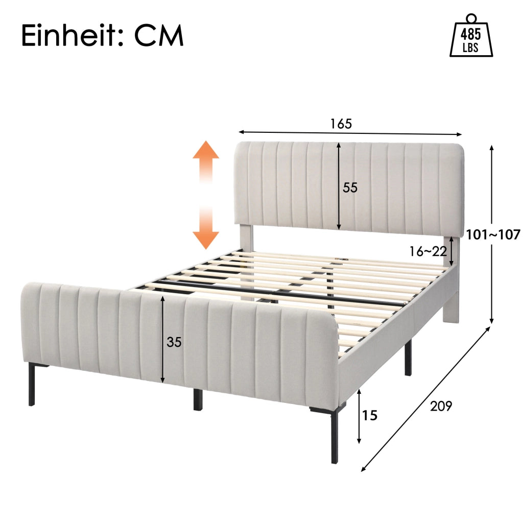 OKWISH Letto Imbottito 160×200 cm, Letto Matrimoniale con Testiera Regolabile, senza Materasso, in Lino, Grigio e Beige