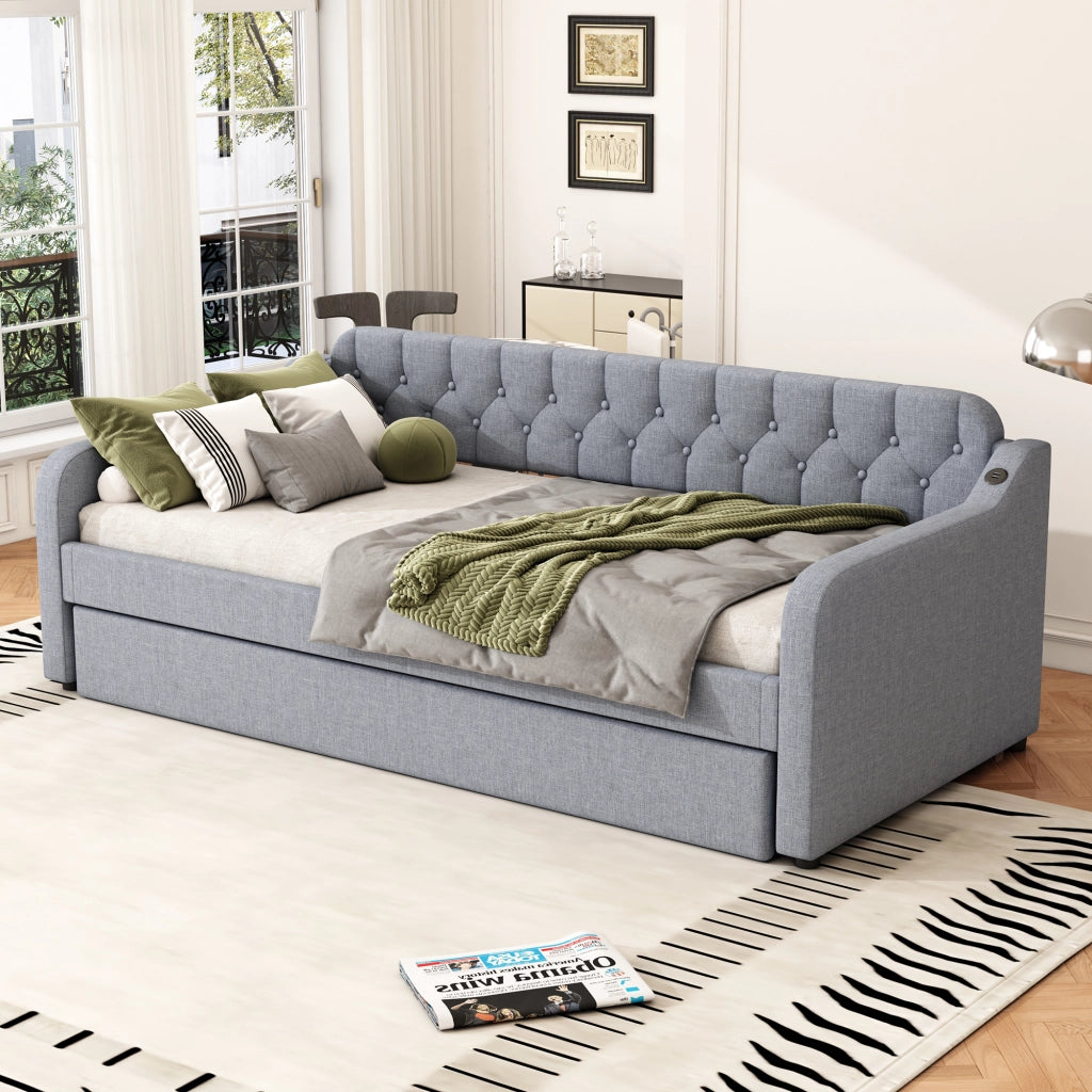 Letto Divano 90 x 200 cm; Letto Singolo con Letto Estraibile e Porta USB; senza Materasso; Grigio