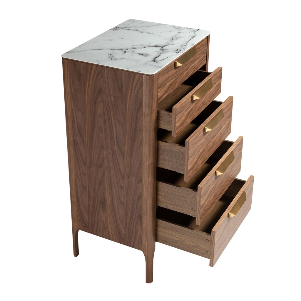 Chiffoniere in noce con piano in vetro effetto marmo
