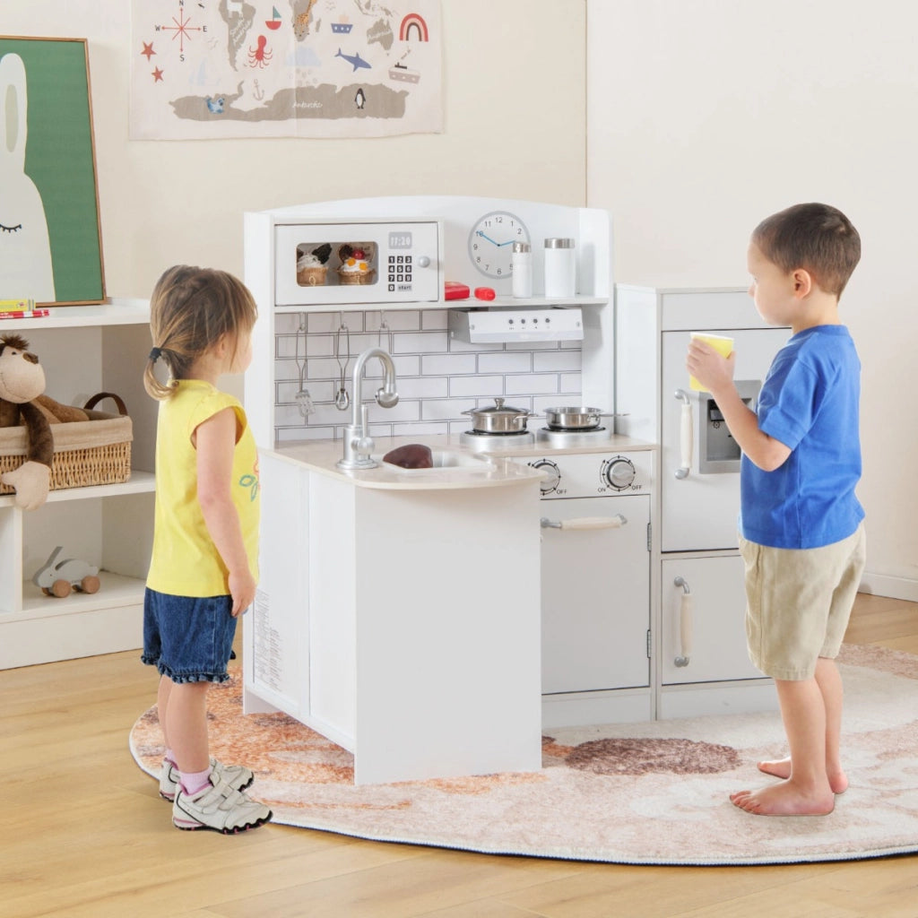 Cucina ad angolo gioco per bambini con lavello fornelli cappa frigorifero, Cucinetta educativo in legno Bianco-Cucine giocattoli