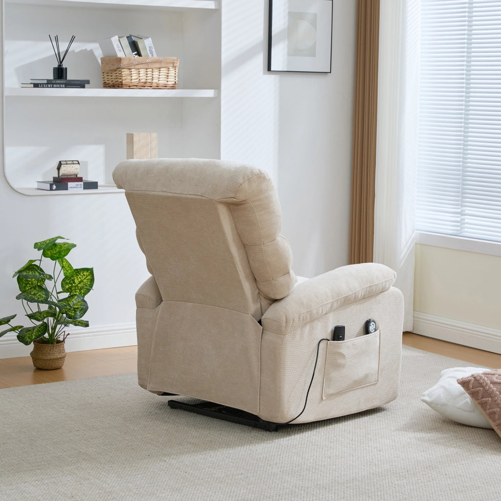 Poltrona Relax Elettrica Massaggiante con Alzapersona ¨C MINIMAL ¨C Reclinabile, Poggiapiedi, Tessuto Kaki Chiaro