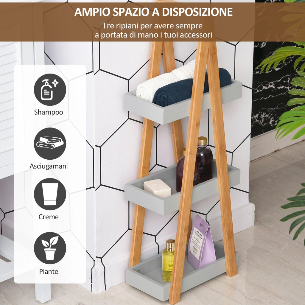 EasyComfort Scaffale Salvaspazio da Bagno in MDF e Bambù, Forma a Piramide con 3 Mensole, Color Legno e Grigio, 30x18x81cm