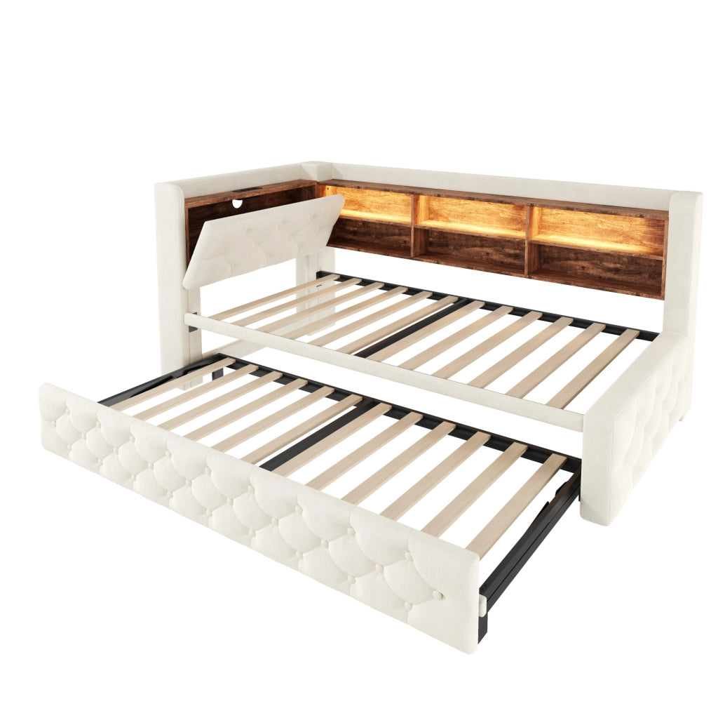 Divano letto 90x190 cm estraibile con contenitore; LED; USB e Type-C in velluto beige