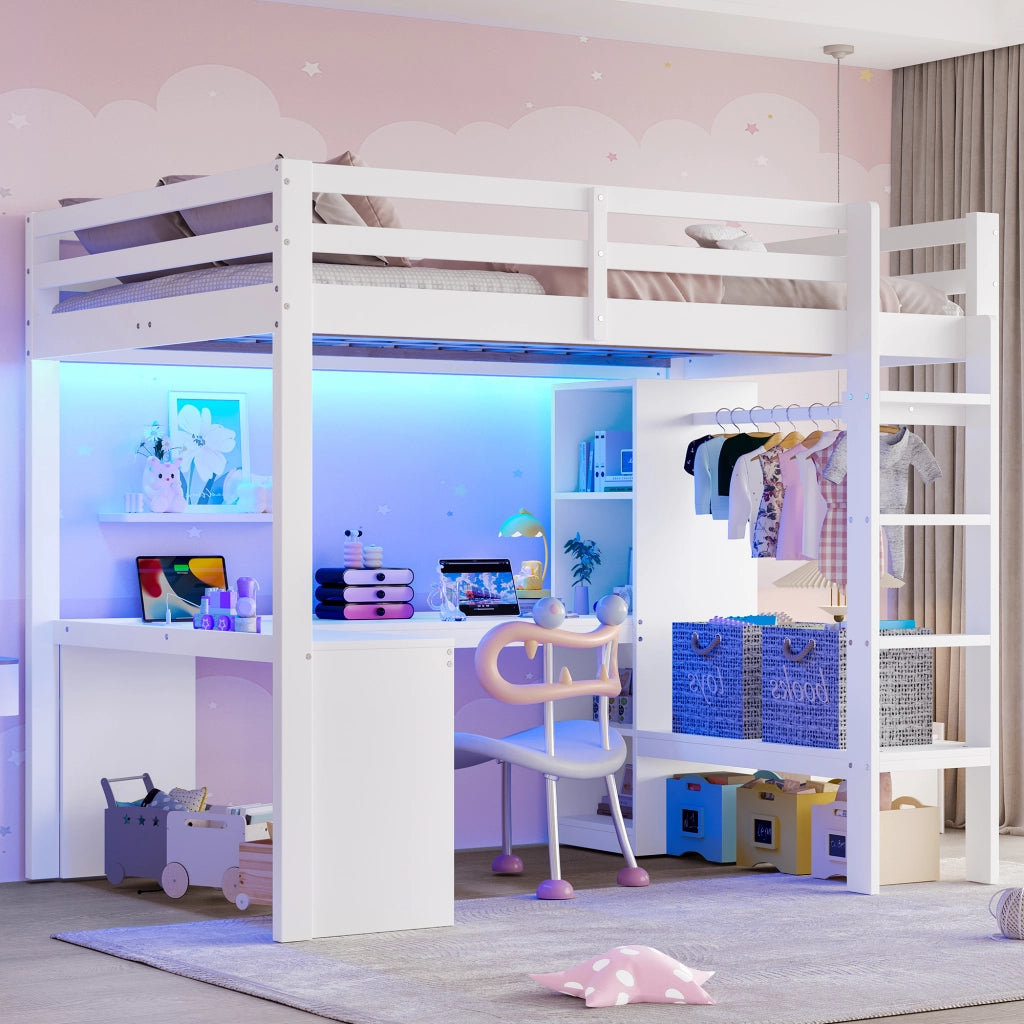 LETTO A CASTELLO ALTO 140x200 con scrivania integrata, LED e USB, bianco