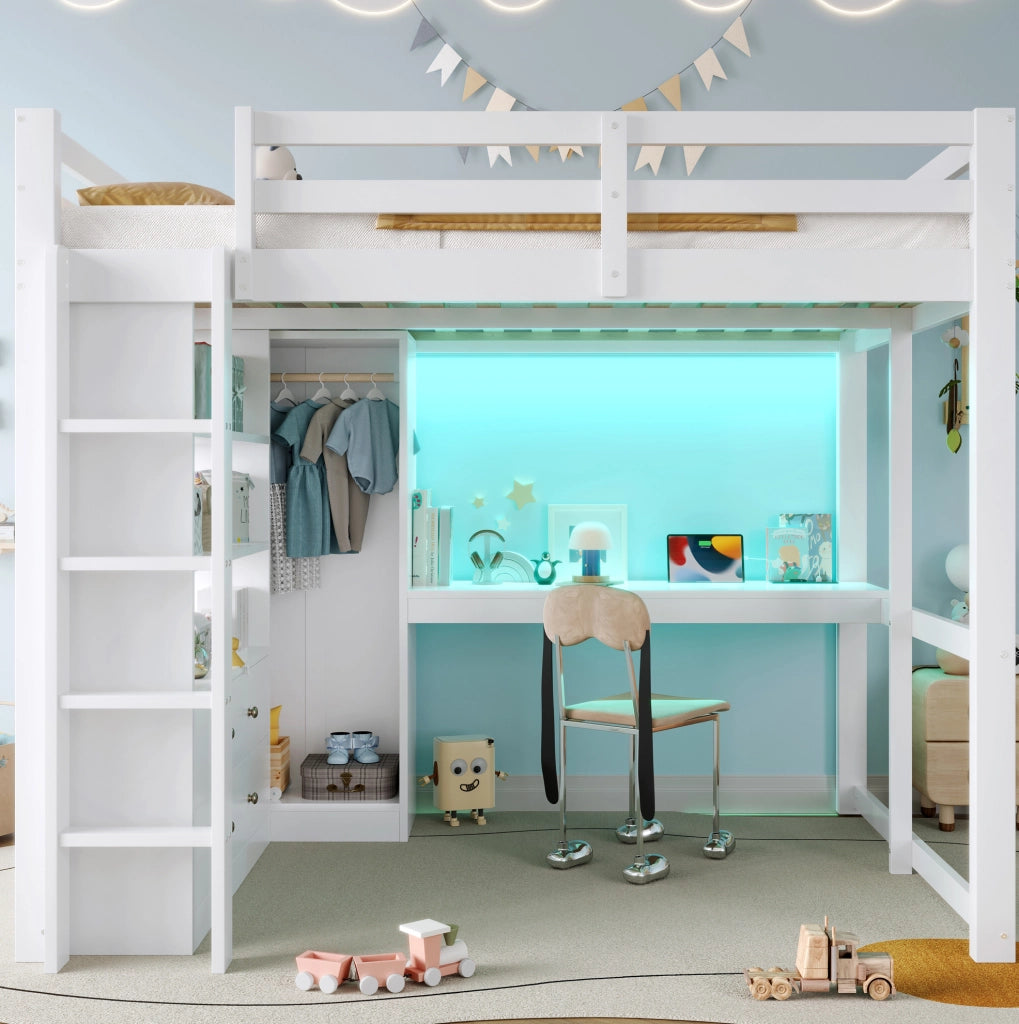 Letto a soppalco 140x200 bianco con scrivania, LED e armadio