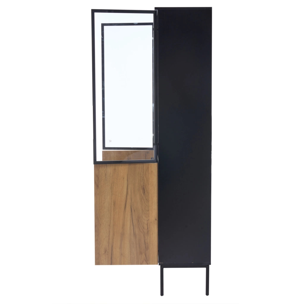 Vetrina in vetro 74x31x180 cm nera e rovere con LED per libri e oggetti