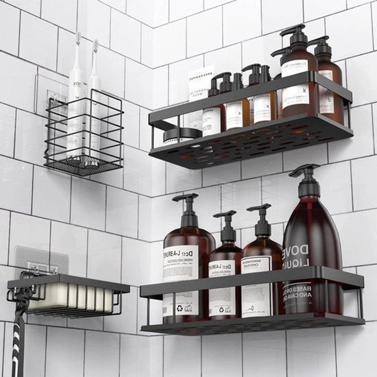 Organizzatore da Parete per la Bagno Senza Forare - Raccoglitore per la Cucina con Box per Sapone e Ospite per Spazzolini da Denti in Nero