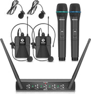 Sistema di microfono wireless a 4 canali con cuffie lavaliere e microfoni a mano - Ideale per karaoke e eventi