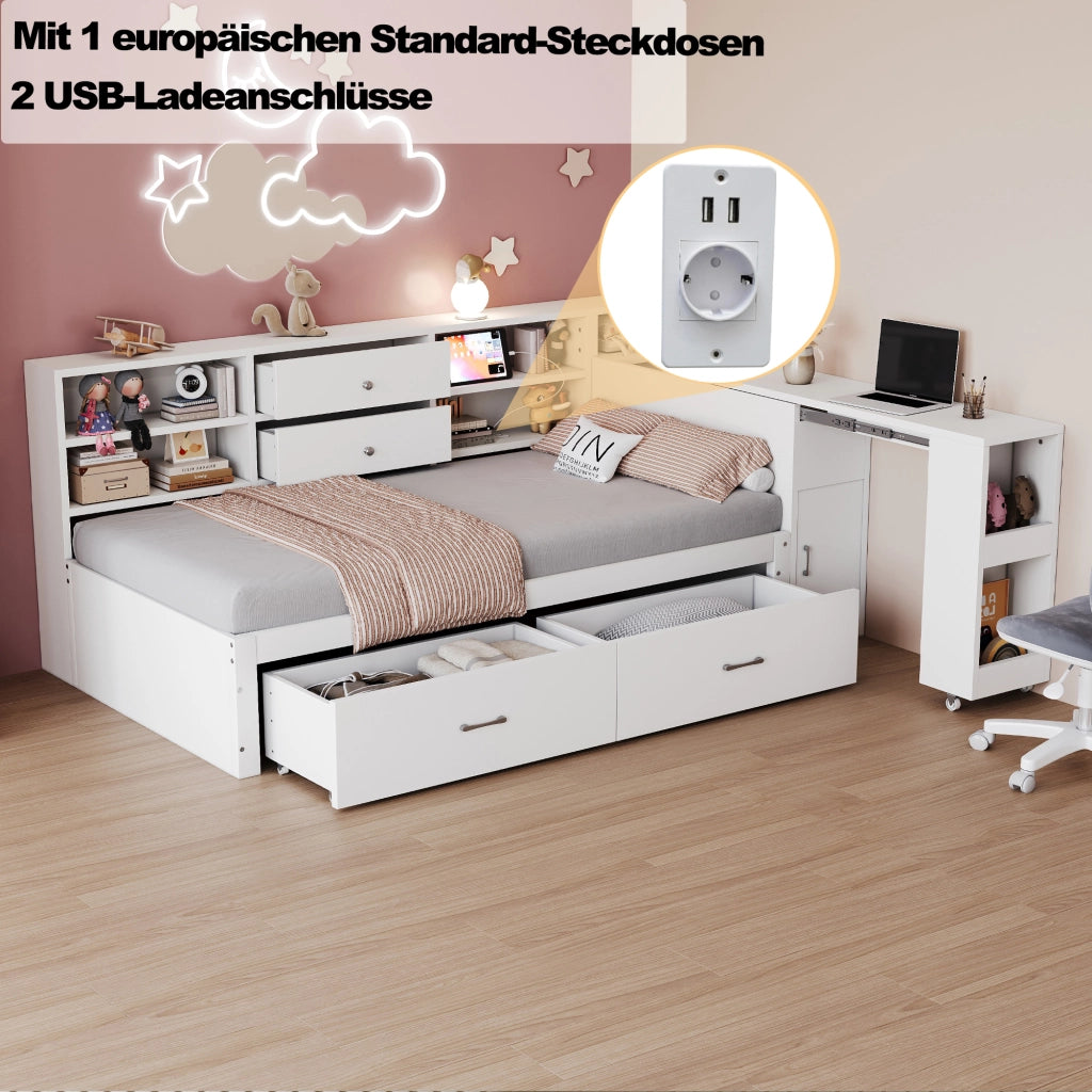OKWISH Letto a Divano 90×200 cm, Letto Singolo con 2 Cassetti, USB, Presa e Scrivania Estraibile, senza Materasso, in Legno, Bianco