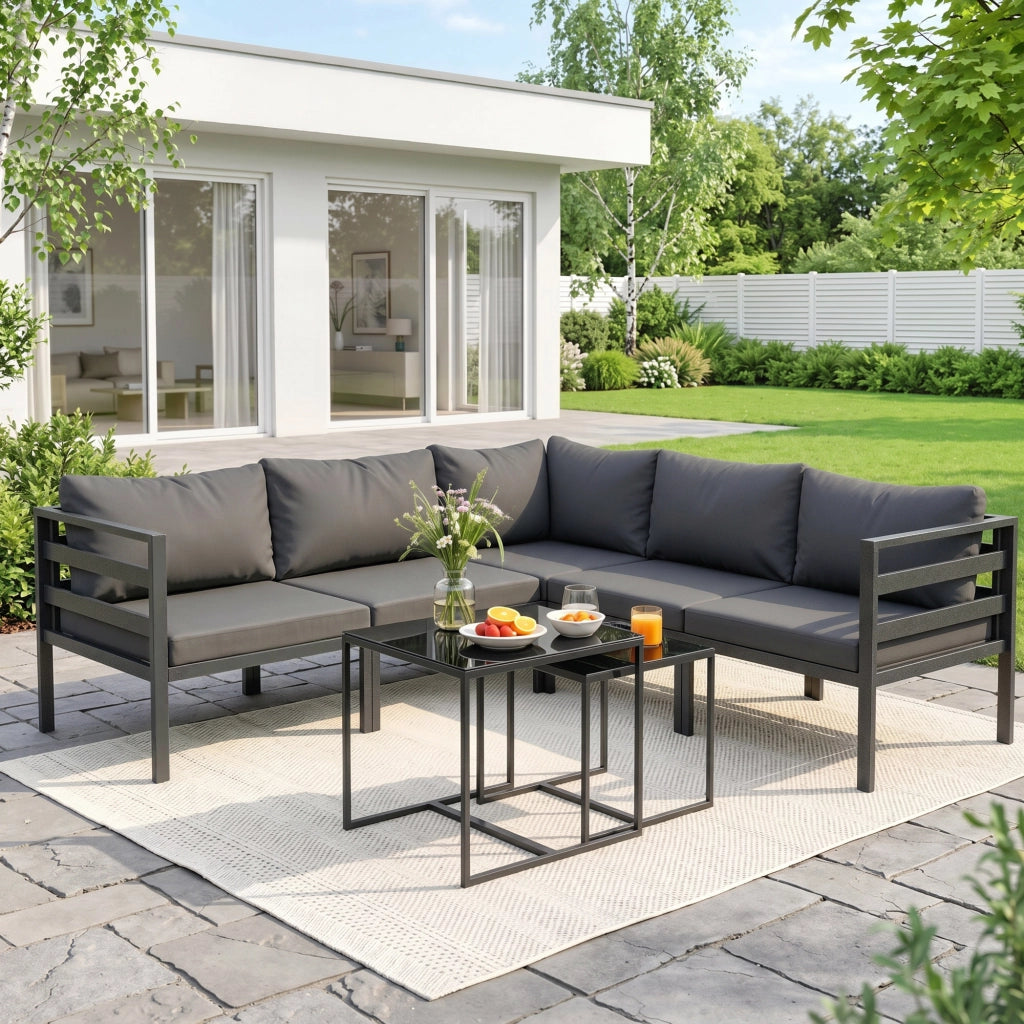 Set Giardino 7 Pezzi Acciaio Polyrattan ¨C Xylo ¨C 5 Sedie Cuscini 2 Tavolini Caff¨¨ Grigio