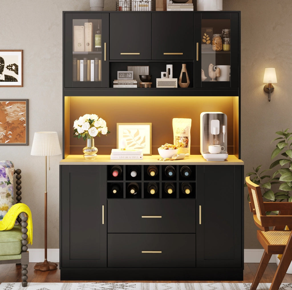Credenza 120x36,3x180 cm con LED, prese USB e portabottiglie