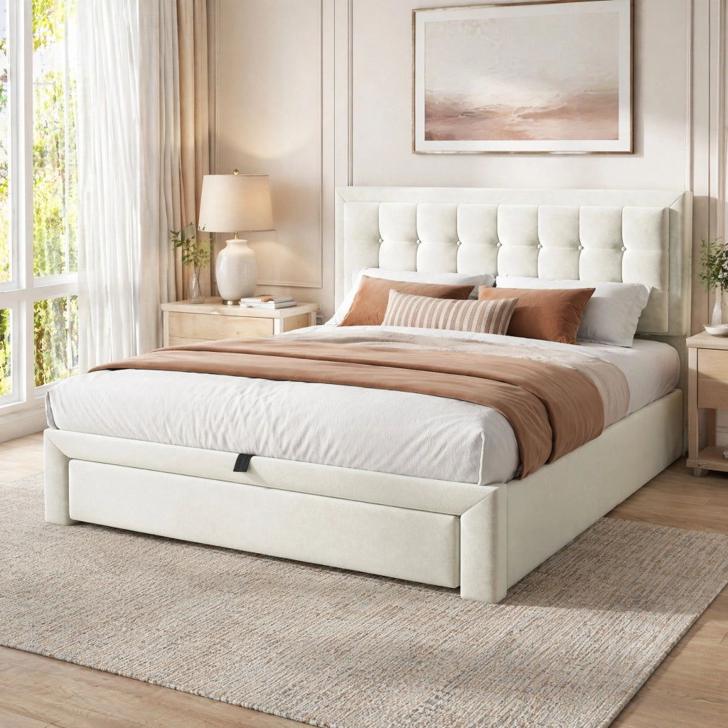 Letto imbottito matrimoniale 140x190 cm in velluto beige con testiera regolabile, contenitore idraulico e 2 colli