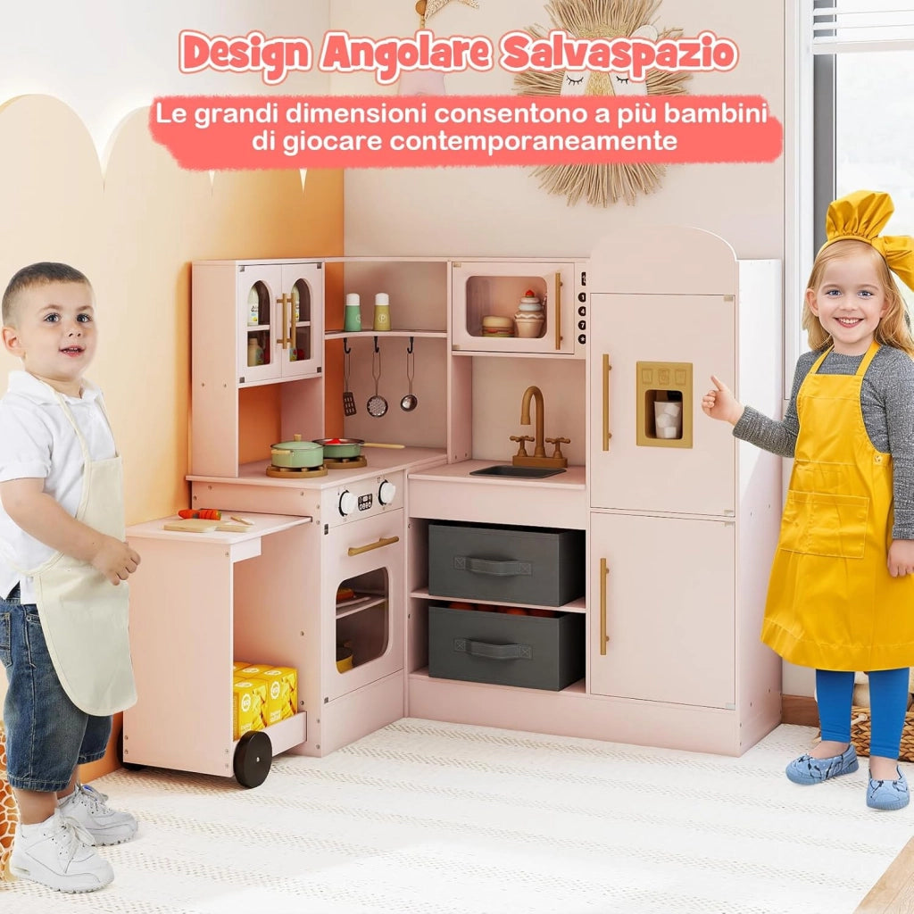 Cucina Giocattolo Angolare in Legno, Set di Cucina Giocattolo per Bambini con Lavabo, Fornelli, Forno, Frigorifero, Macchina del Ghiaccio e Accessori, per Bambini 3 Anni+ (Rosa)