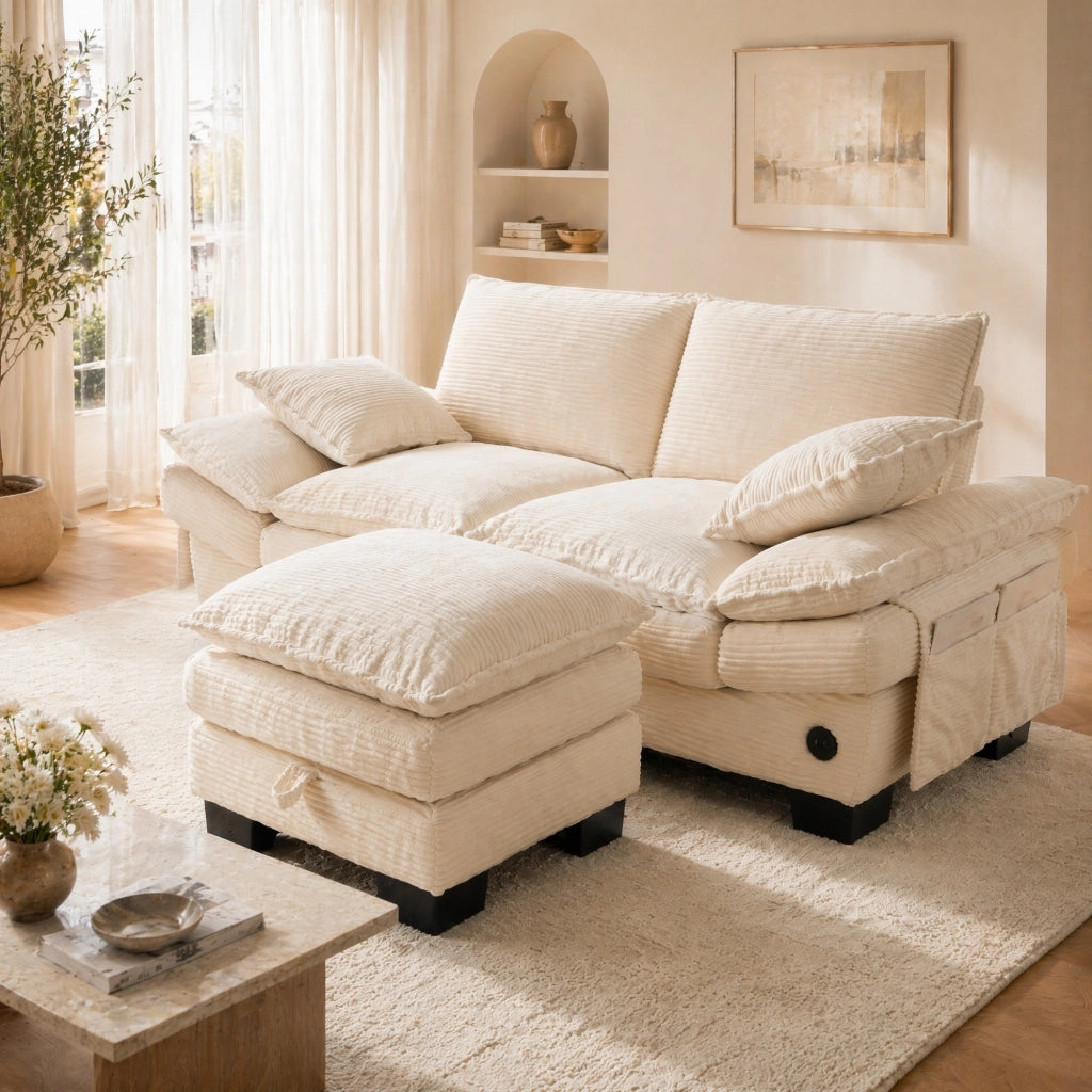 Divano 2 posti con pouf contenitore in corduroy beige; 190x132x84 cm