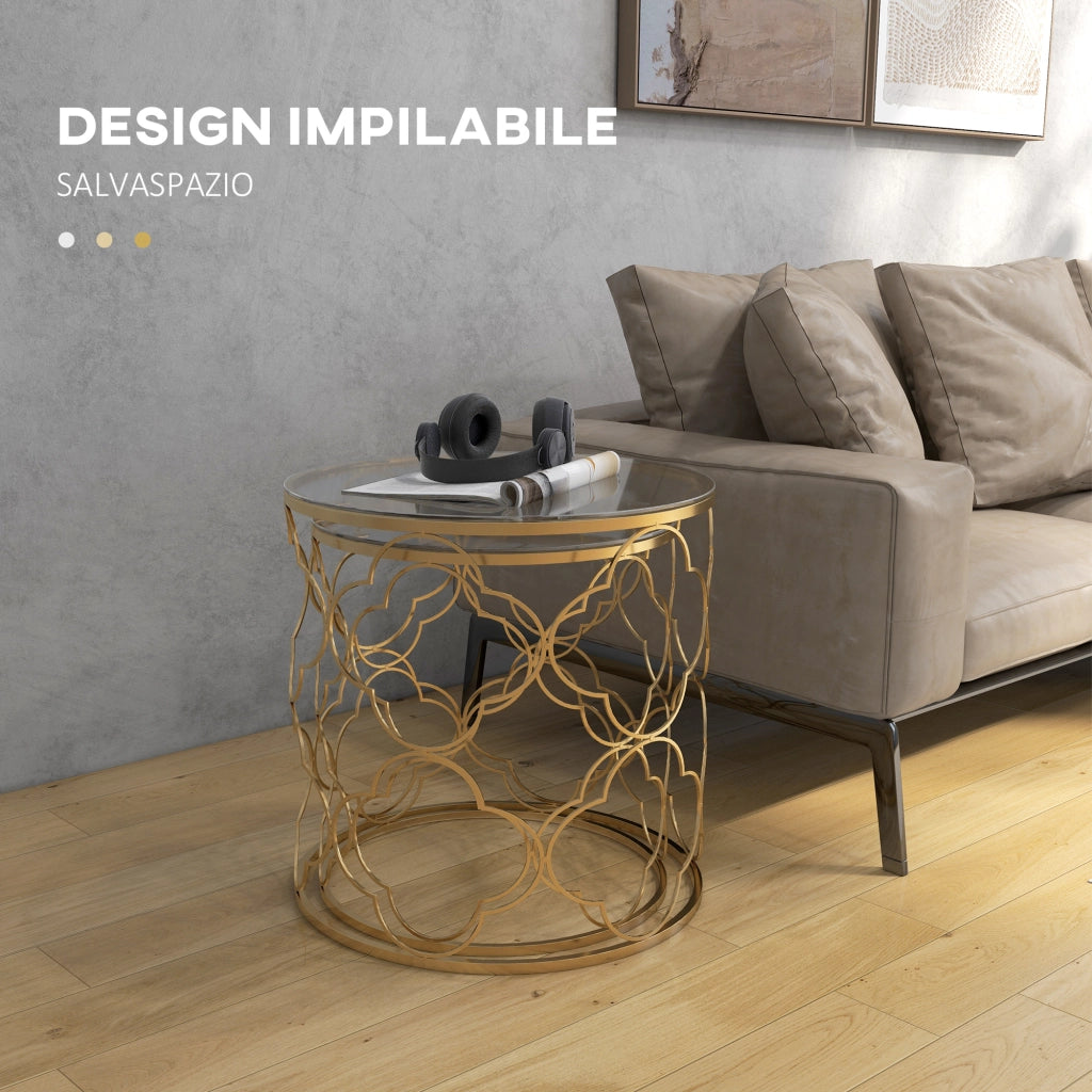 EasyComfort Set di 2 Tavolini da Salotto Impilabili Art Deco in Metallo con Piano in Vetro, Oro