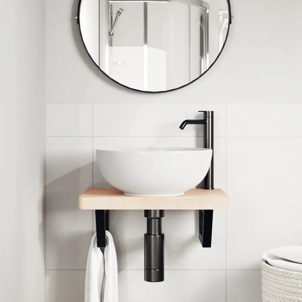 Ripiano a Parete per Lavabo in Acciaio e Massello di Faggio 3302327
