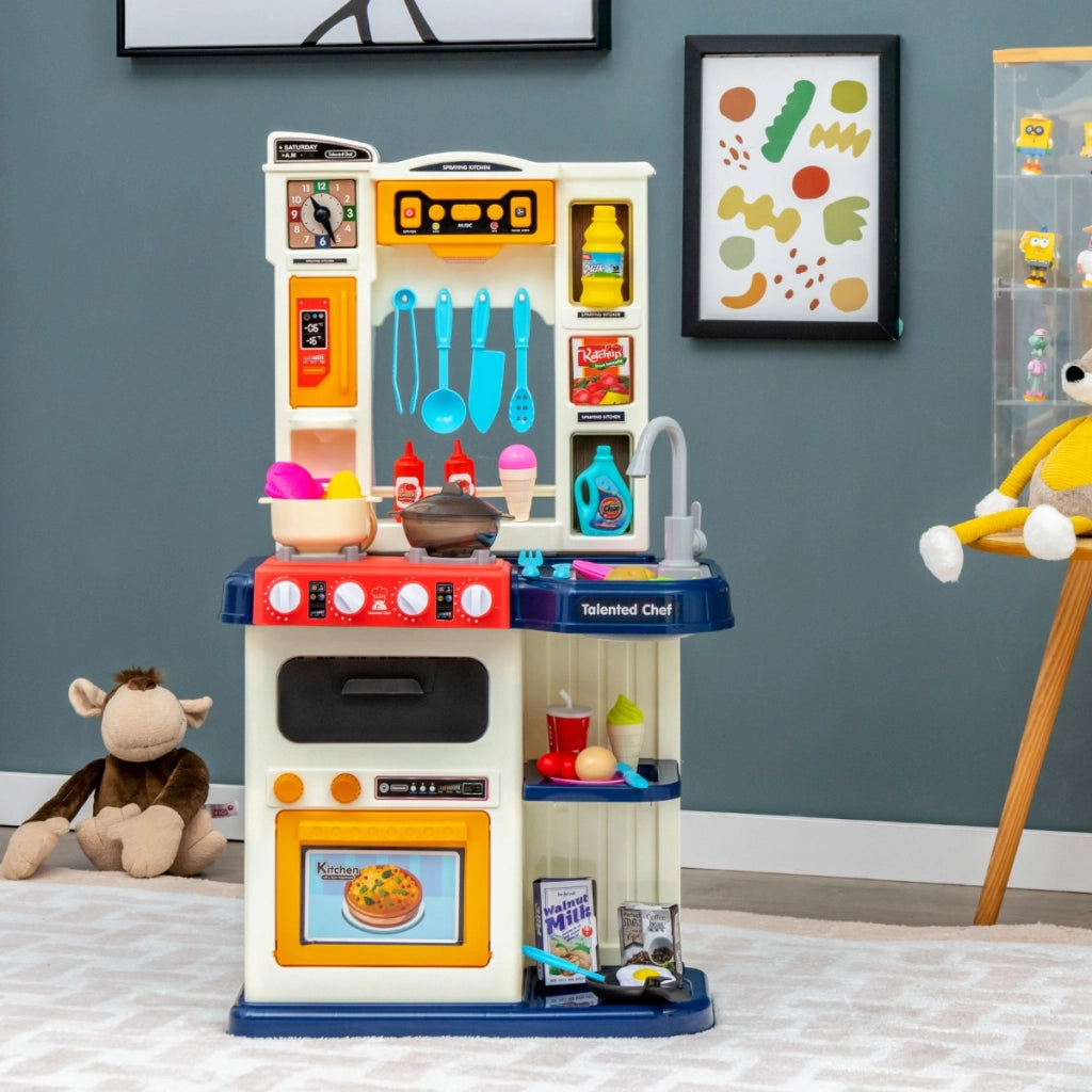 Set da cucina per bambini con 38 accessori, Set giocattolo con finto vapore cappa aspirante con canzoni Blu-Cucine giocattoli