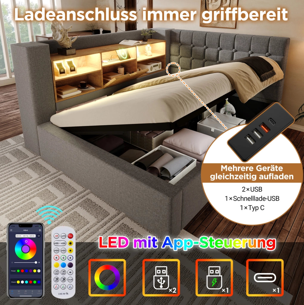 Letto imbottito con LED, contenitore idraulico e testiera a L