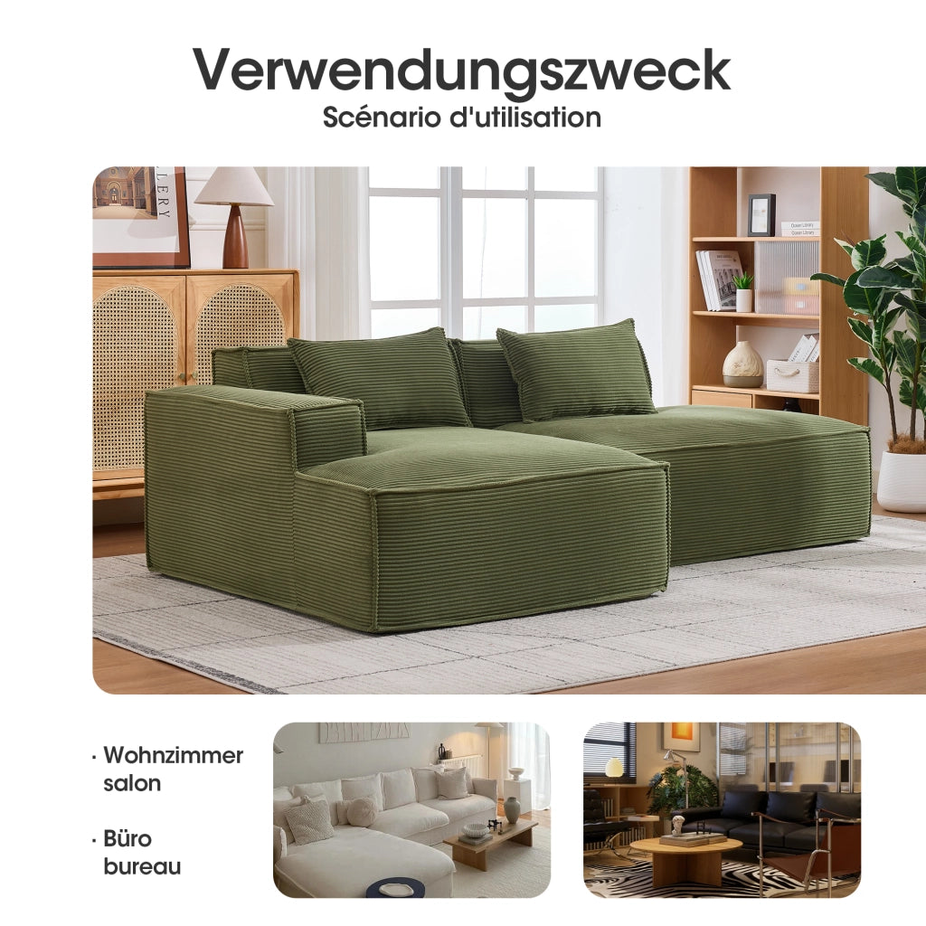 Divano compatto con cuscini e seduta elastica per piccoli spazi, design semplice in poliestere verde