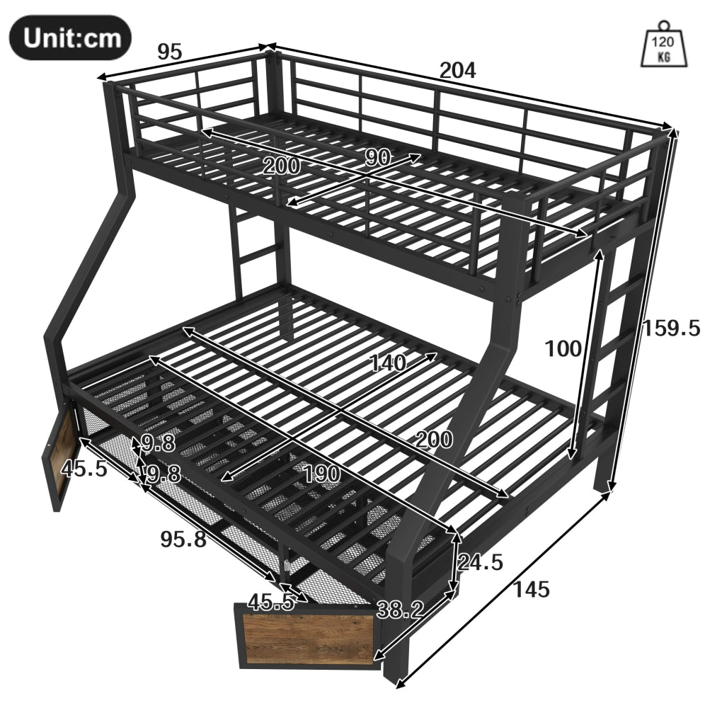 Letto a castello per bambini con scarpiera e vani contenitore; 90x200 cm sopra e 140x200 cm sotto; nero; senza materasso