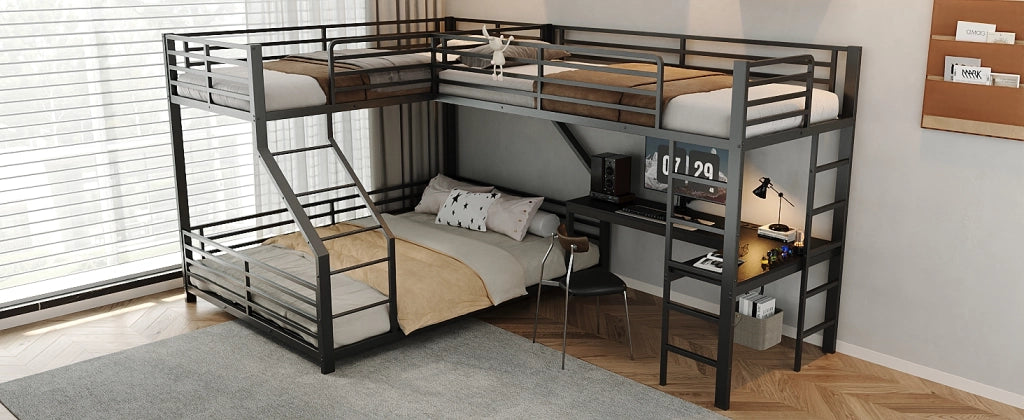 Letto a soppalco a 3 posti 90 × 200 cm et 140 × 200 cm con scrivania, presa USB e Type-C, senza materasso, nero
