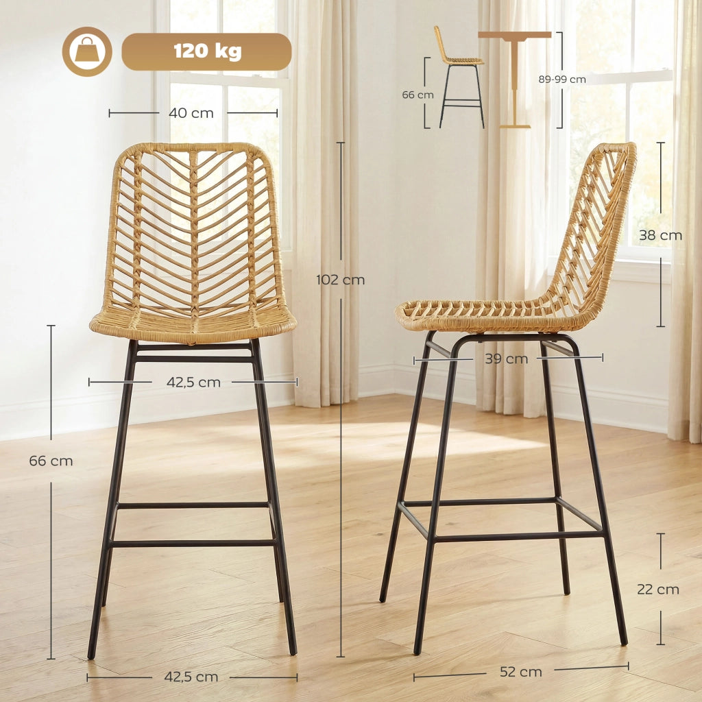 Sgabelli da bar 2 pezzi ¨C zephmum ¨C design boheme con struttura metallo e rotin, altezza 66 cm