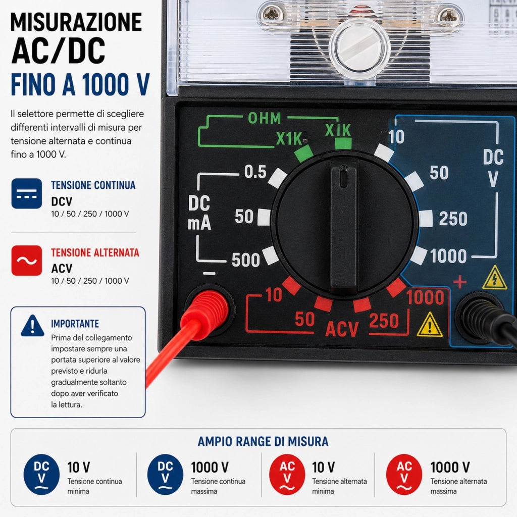Multimetro Analogico AC/DC 1000 V con Puntali e Batteria VHT02260
